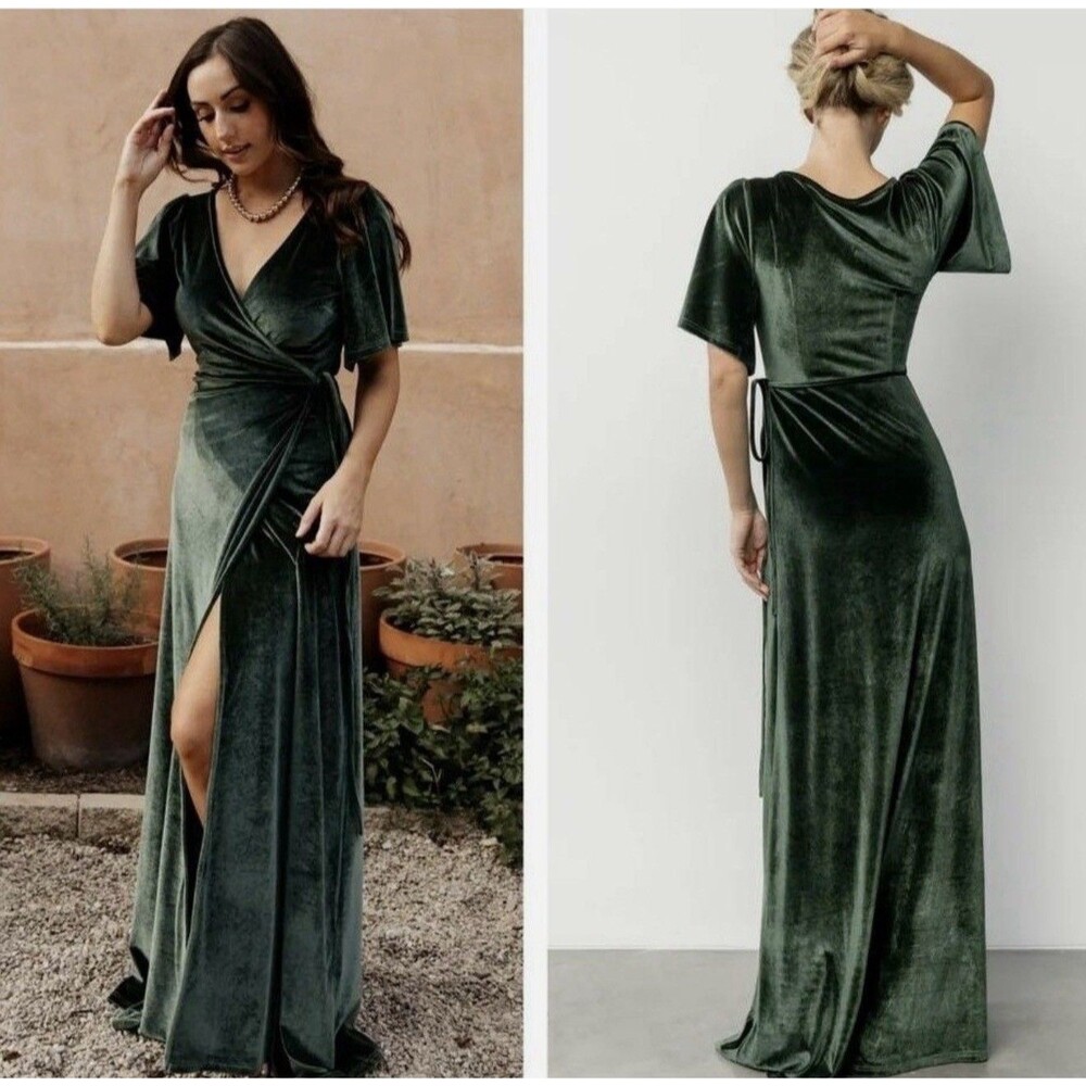 Baltic Born Katelyn Velvet Wrap Maxi Dress Womens Small Emerald Green V-Neck